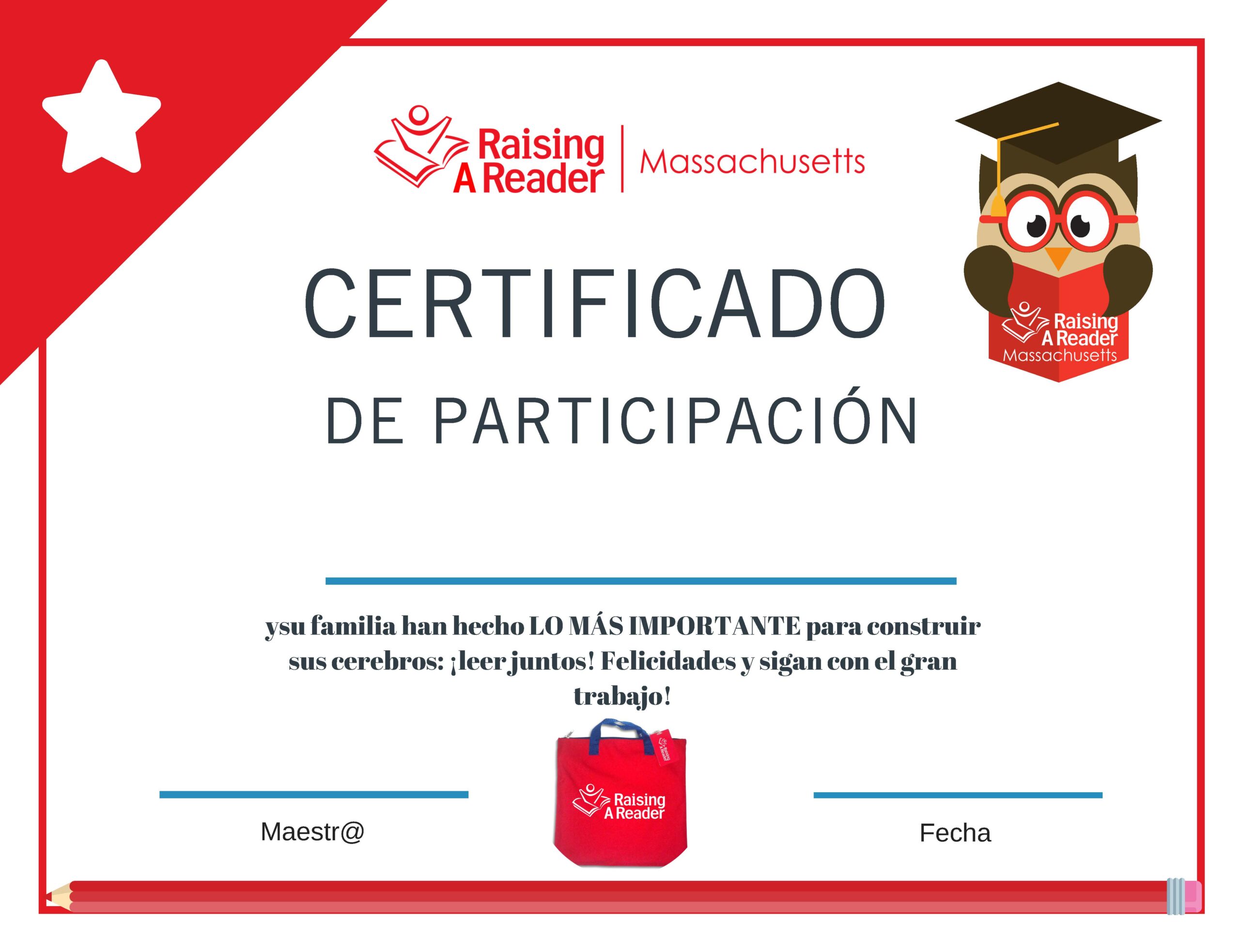 End of the year certificate for Red Bag program in Spanish