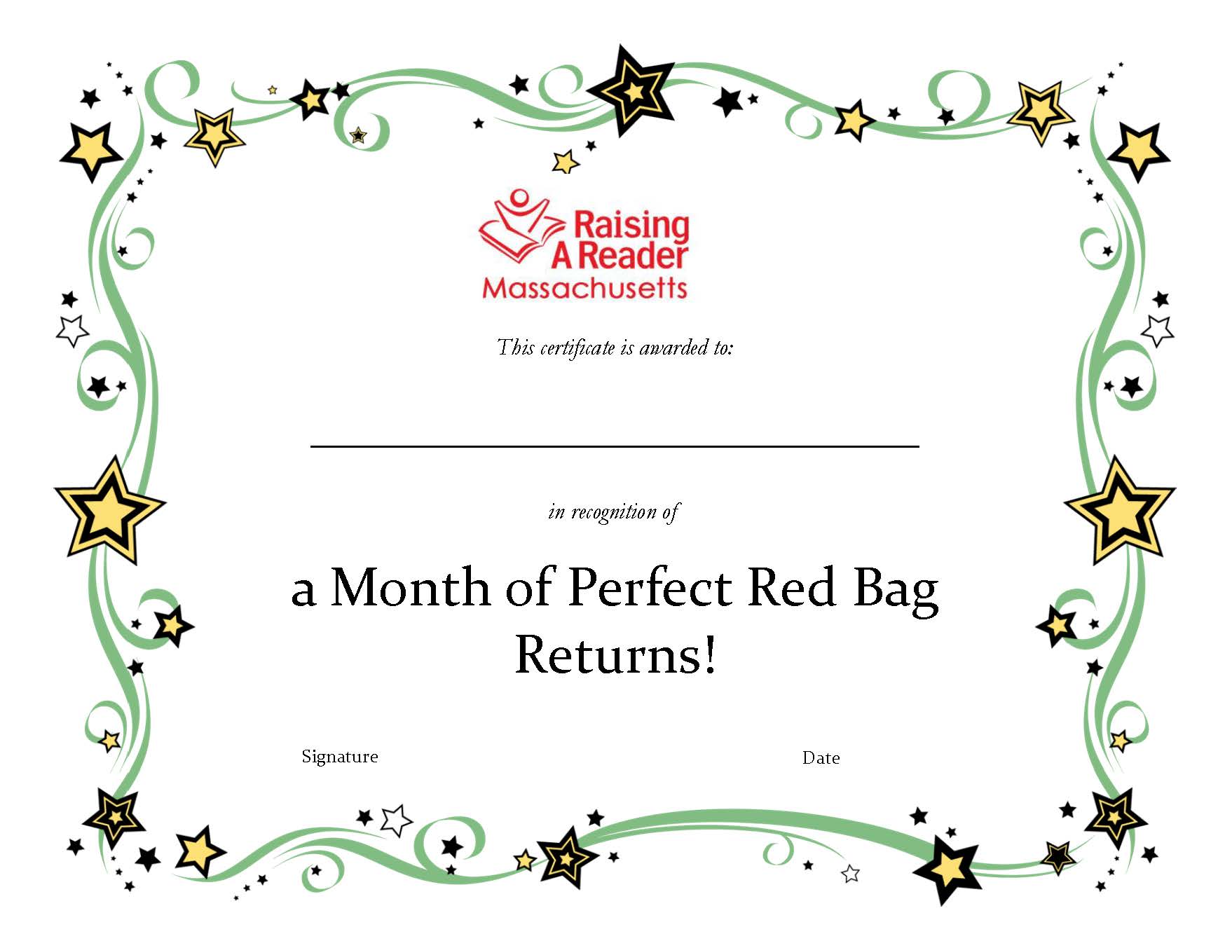 Certificate for month of perfect red bag returns