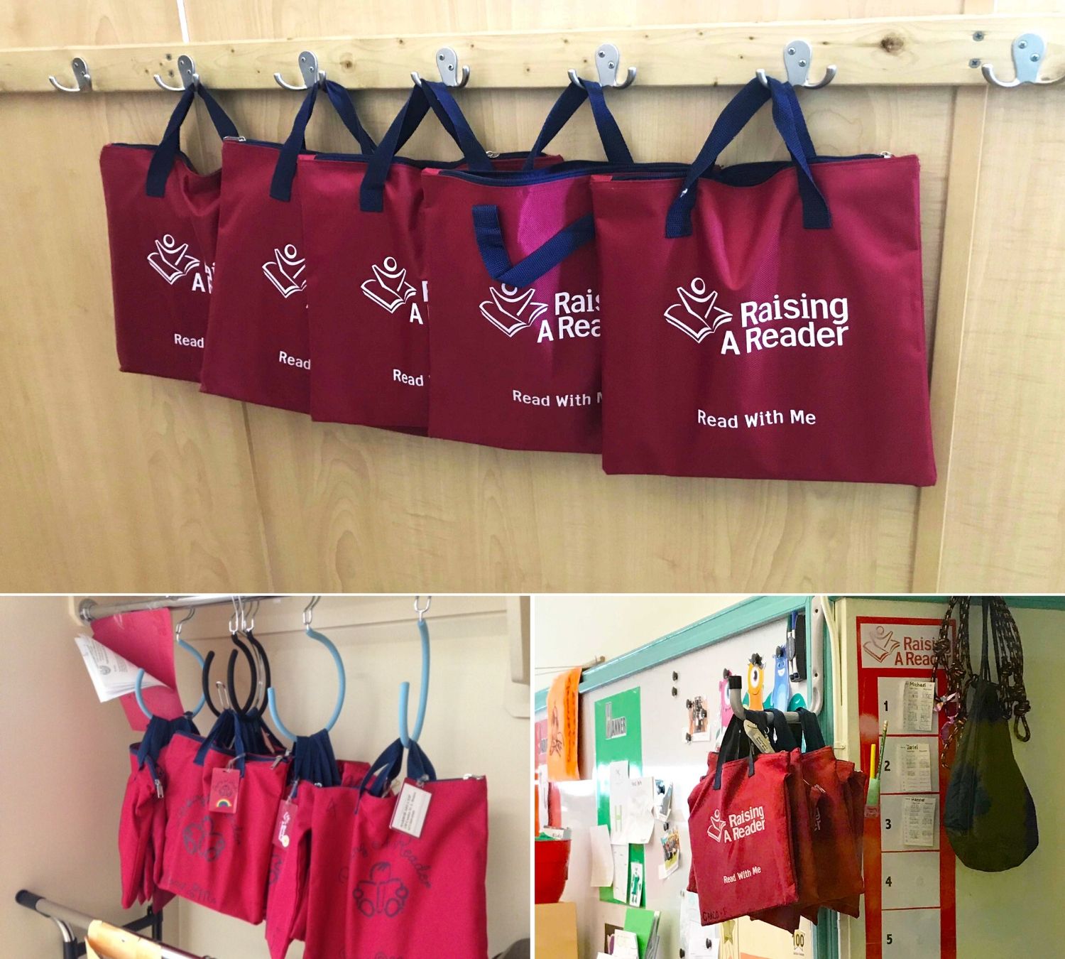examples of red bags hanging on hooks in classroom