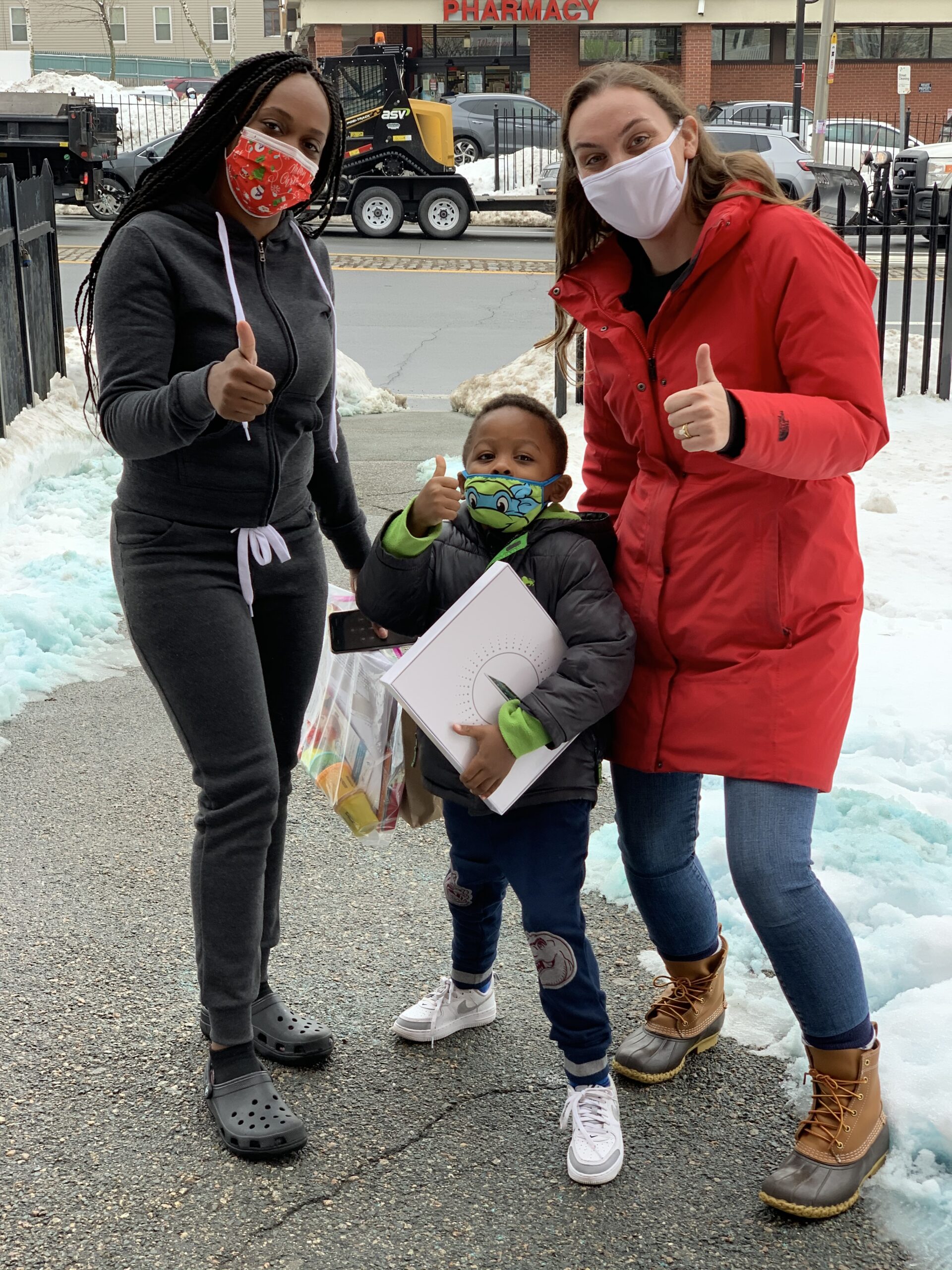 Tablets were distributed to families at the Pauline A. Shaw School in Dorchester.